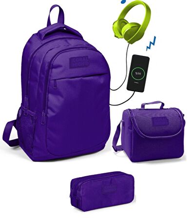 Coral High Kız Çocuk Mor 3'lü Çanta Takımı - USB Soketli
