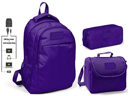 Coral High Kız Çocuk Mor 3'lü Çanta Takımı - USB Soketli