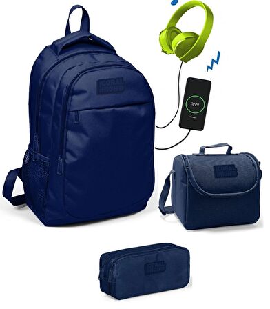 Coral High Erkek Çocuk Lacivert  3'lü Çanta Takımı - USB Soketli