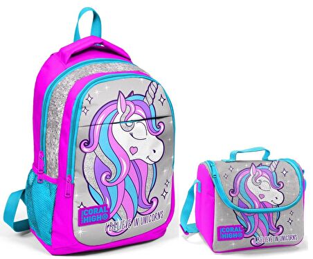 Coral High Kız Çocuk Gri Unicorn Okul Sırt Çantası ve Beslenme Çantası
