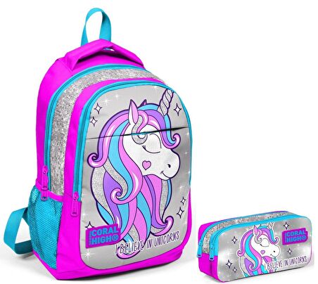 Coral High Pembe Unicorn Kız Çocuk İlkokul Çantası ve Kalemlik Seti