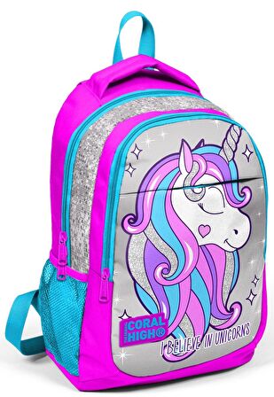 Coral High Pembe Gri Unicorn Kız Çocuk İlkokul Çanta Seti - Sırt Çantası+Beslenme+Kalemlik