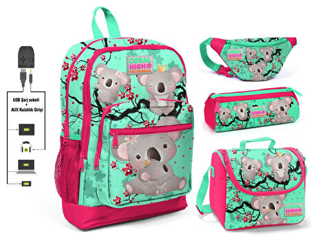 Coral High Yeşil Koala Baskılı 4'lü Kız Çocuk İlkokul Çanta Seti - USB Soketli