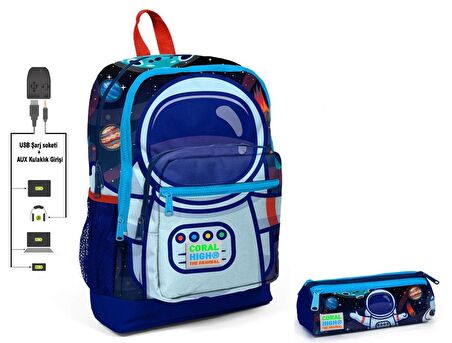 Coral High Mavi Astronot Baskılı İlkokul Sırt Çantası ve Kalemlik Seti - Erkek Çocuk - USB Soketli
