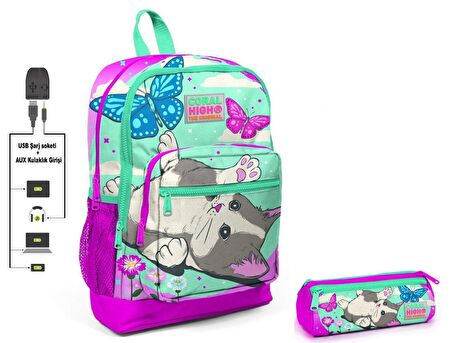 Coral High Sevimli Kedi ve Kelebek İlkokul Sırt Çantası ve Kalemlik Seti - Kız Çocuk - USB Soketli
