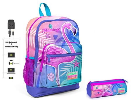 Coral High Pembe Flamingo Baskılı İlkokul Sırt Çantası ve Kalemlik Seti - Kız Çocuk - USB Soketli