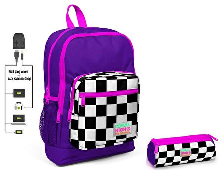Coral High Mor Damalı İlkokul Sırt Çantası ve Kalemlik Seti - Kız Çocuk - USB Soketli