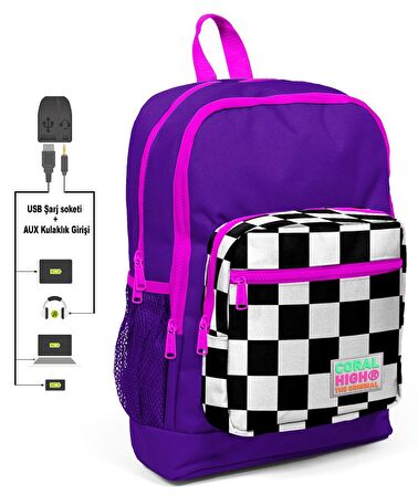 Coral High Mor Damalı İlkokul Sırt Çantası ve Kalemlik Seti - Kız Çocuk - USB Soketli