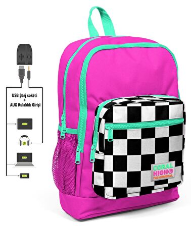 Coral High Pembe Damalı İlkokul Sırt Çantası ve Kalemlik Seti - Kız Çocuk - USB Soketli