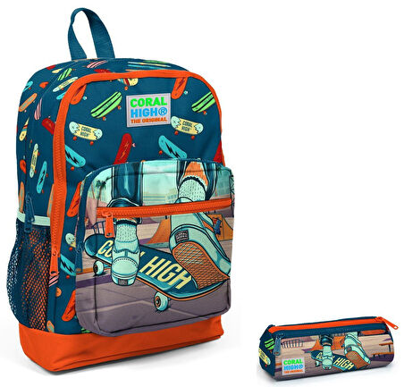 Coral High İlkokul Sırt Çantası ve Kalemlik Seti - Kaykay Baskılı