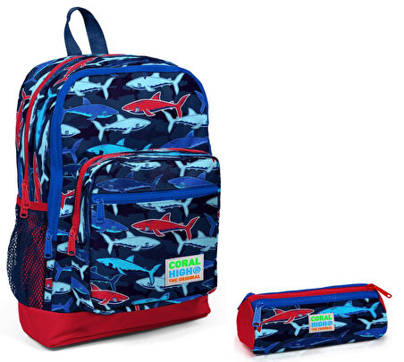 Coral High İlkokul Sırt Çantası ve Kalemlik Seti - Mavi-Kırmızı Köpekbalığı Baskılı