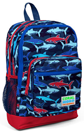 Coral High İlkokul Sırt Çantası ve Kalemlik Seti - Mavi-Kırmızı Köpekbalığı Baskılı
