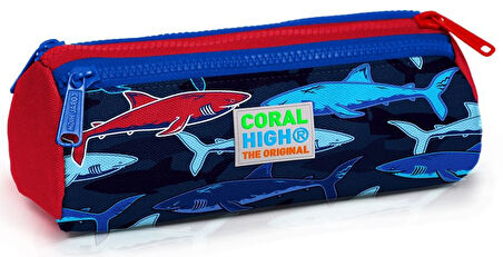 Coral High İlkokul Sırt Çantası ve Kalemlik Seti - Mavi-Kırmızı Köpekbalığı Baskılı