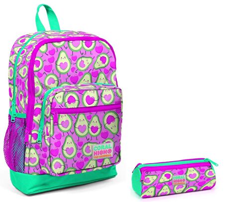 Coral High İlkokul Sırt Çantası ve Kalemlik Seti - Pembe Avakado Baskılı