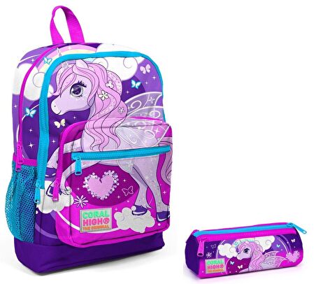 Coral High İlkokul Sırt Çantası ve Kalemlik Seti - Mor Unicorn Baskılı
