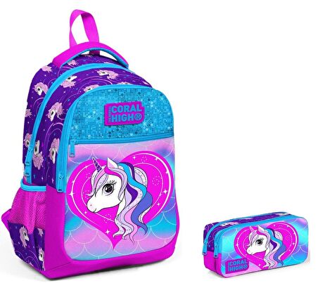 Coral High Kız Çocuk Simli İlkokul Çantası ve Kalemlik Seti - Unicorn