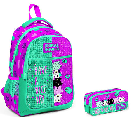 Coral High Kız Çocuk Simli İlkokul Çantası ve Kalemlik Seti - Sevimli Kediler