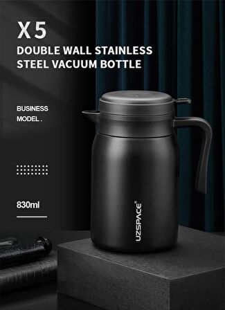 Uzspace XS Office Kulplu Çift Duvar 830 ml Siyah Çelik Termos Matara