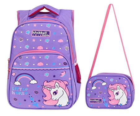 WaddellBag Kız Çocuk Mor Unicorn İlkokul Sırt Çantası ve Beslenme Çantası