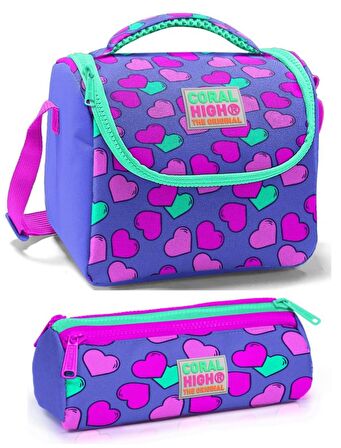 Coral High Kız Çocuk Pembe Lavanta Kalp Beslenme Çantası Seti