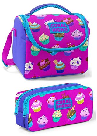 Coral High Mor Cupcake Kız Çocuk Beslenme Çantası Seti