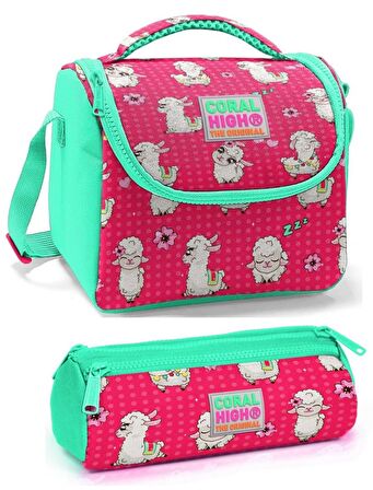 Coral High Kız Çocuk Pembe Yeşil Lama Beslenme Çantası Seti