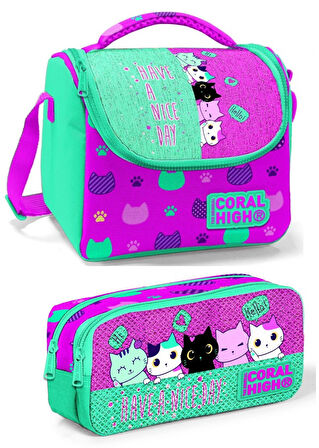 Coral High Yeşil Pembe Kedi Kız Çocuk Beslenme Çantası Seti