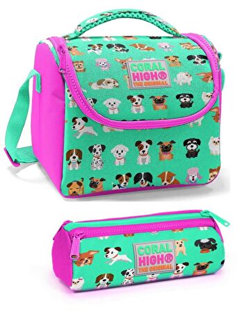 Coral High Kız Çocuk Pembe Yeşil Köpekler Beslenme Çantası Seti