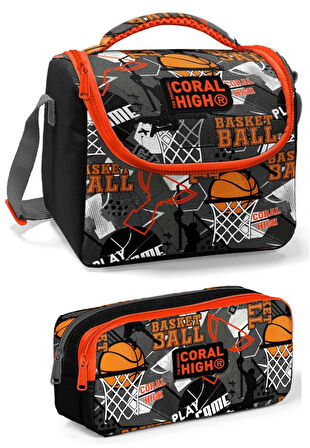 Coral High Siyah Turuncu Basketbol Erkek Çocuk Beslenme Çantası Seti