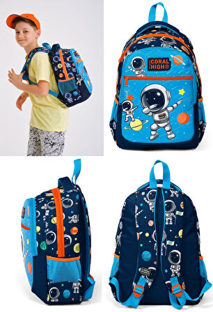 Coral High Lacivert Mavi Astronot Üçlü Okul Çantası ve Bel Çantası Seti - Erkek Çocuk