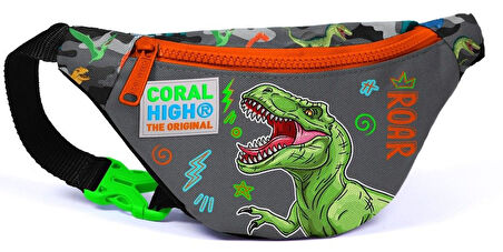 Coral High Gri Yeşil Dinazor Üçlü Okul Çantası ve Bel Çantası Seti