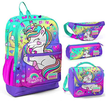 Coral High Su Yeşili Lavanta Unicorn Üçlü Okul Çantası ve Bel Çantası Seti