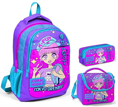 Coral High Lavanta K-Pop Üçlü İlkokul Okul Çanta Seti