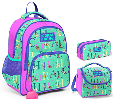 Coral High Yeşil Pembe Kız Çocuk Üçlü İlkokul Okul Çanta Seti