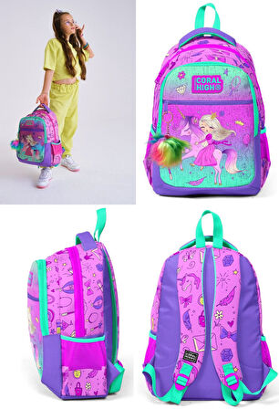 Coral High Kız Çocuk Pembe Yeşil Unicorn ve Prenses Üçlü İlkokul Okul Çanta Seti