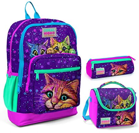 Coral High Mor Kedi Üçlü İlkokul Okul Çanta Seti