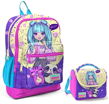Coral High Mor Pembe Anime Okul Sırt ve Beslenme Çantası Seti