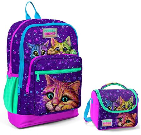 Coral High Mor Kedi Okul Sırt ve Beslenme Çantası Seti