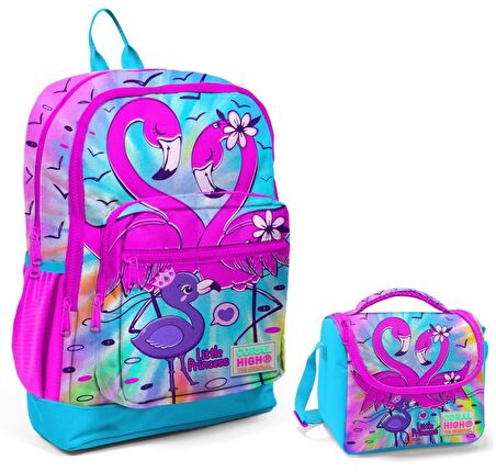 Coral High Mavi Pembe Flamingo Okul Sırt ve Beslenme Çantası Seti