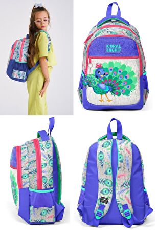 Coral High Mavi Yeşil Tavuskuşu İlkokul Ortaokul Sırt Çantası ve Kalemlik Seti
