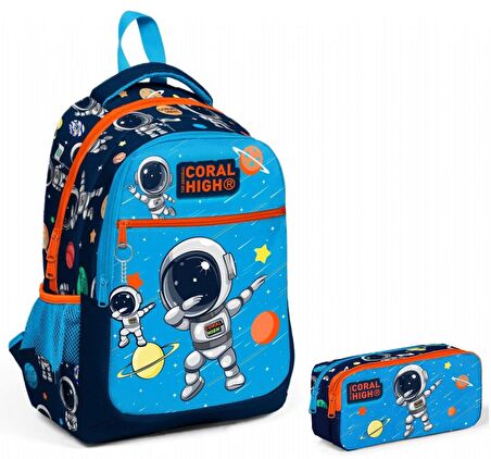 Coral High Lacivert Mavi Astronot İlkokul Ortaokul Sırt Çantası ve Kalemlik Seti