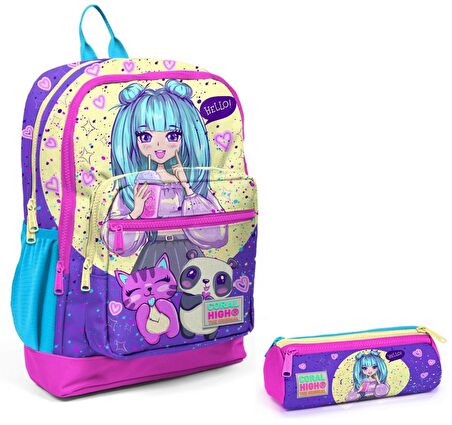 Coral High Mor Pembe Anime İlkokul Sırt Çantası ve Kalemlik Seti