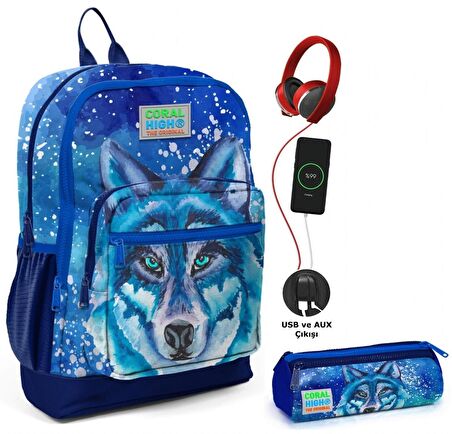 Coral High Mavi Kurt USB Soketli Okul Çantası ve Kalemlik Seti - Erkek Çocuk