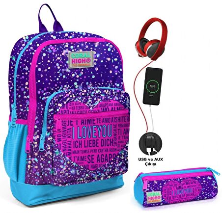 Coral High Mor Mavi Kalp USB Soketli Okul Çantası ve Kalemlik Seti - Kız Çocuk