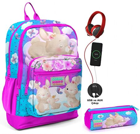 Coral High Pembe Mavi Tavşan USB Soketli Okul Çantası ve Kalemlik Seti - Kız Çocuk