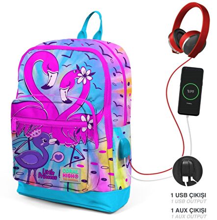 Coral High Mavi Pembe Flamingo USB Soketli Okul Çantası ve Kalemlik Seti - Kız Çocuk