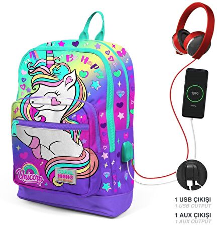 Coral High Su Yeşili Lavanta Unicorn USB Soketli Okul Çantası ve Kalemlik Seti - Kız Çocuk