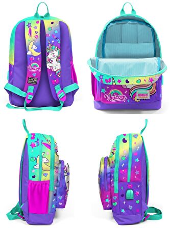 Coral High Su Yeşili Lavanta Unicorn USB Soketli Okul Çantası ve Kalemlik Seti - Kız Çocuk