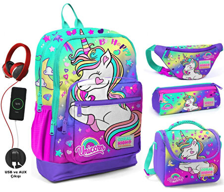 Coral High Su Yeşili Lavanta Unicorn USB Soketli Okul Çanta Seti ve Bel Çantası - Kız Çocuk