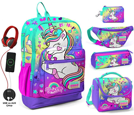 Coral High Su Yeşili Lavanta Unicorn USB Soketli Beşli Okul Çantası Seti - Kız Çocuk